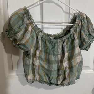 American Eagle, Small, Green Plaid Cropped Blouse
